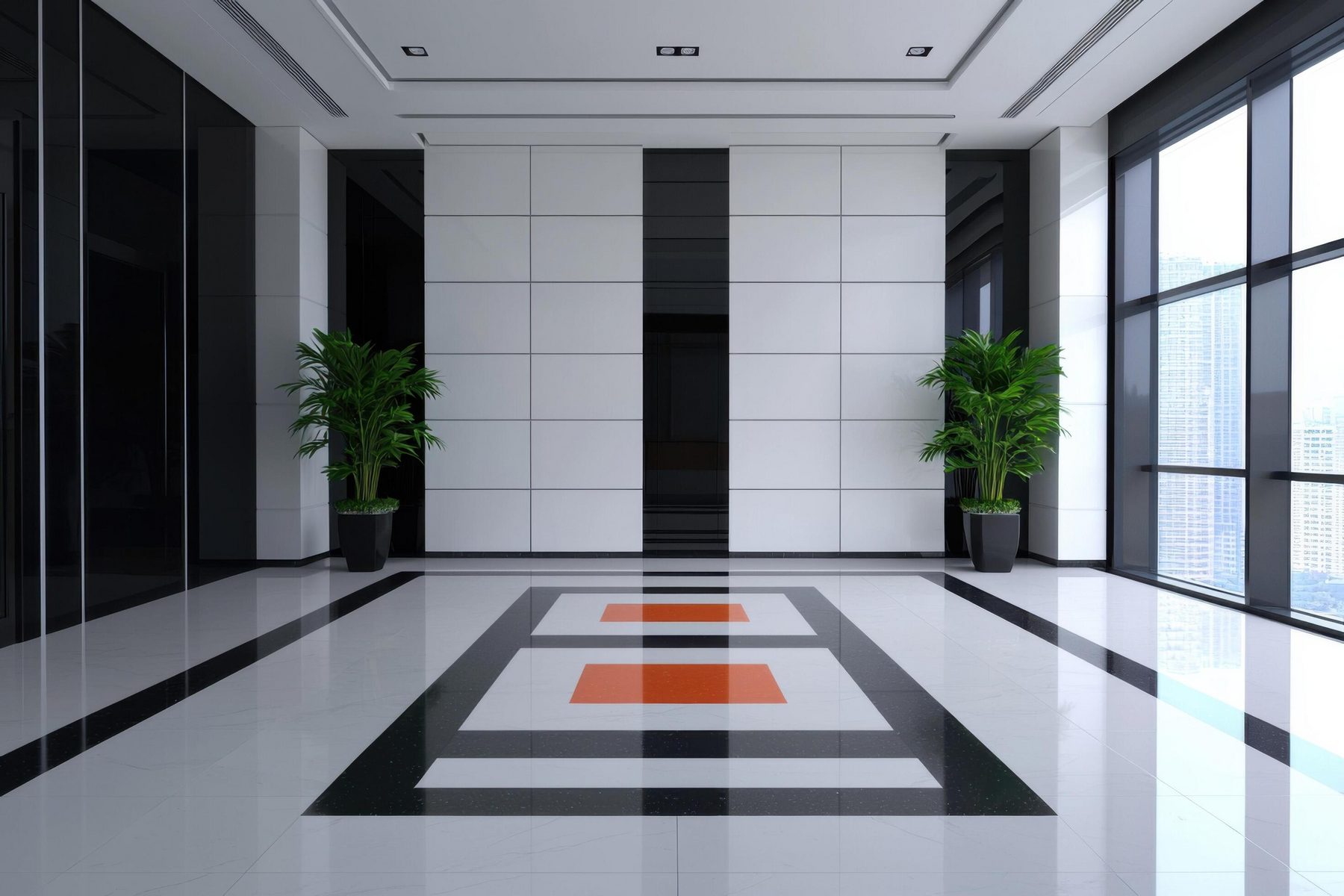 A spotless modern office lobby with polished floors, floor-to-ceiling windows and green plants