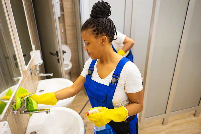 Cleaner in gloves wiping a restroom faucet with a cloth