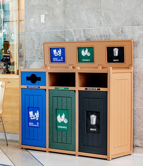 Three-stream recycling and waste station in a commercial lobby